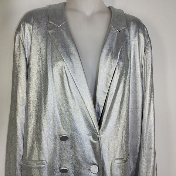 Jennifer Lopez Blazer XL Silver Metallic Jacket Disco Faux Pockets Button Retro - Picture 3 of 11